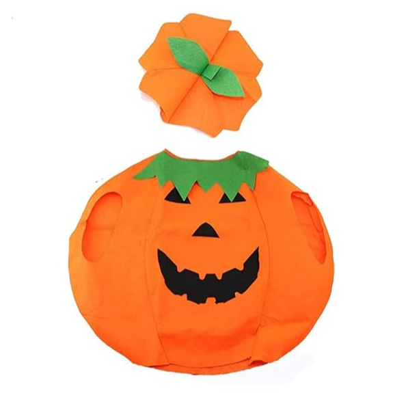 Set costum Halloween dovleac, Zola, 2 piese, costum si palarie, unisex, 85x76 cm, portocaliu Set costum Halloween dovleac, Zola, 2 piese, costum si palarie, unisex, 85x76 cm, portocaliu